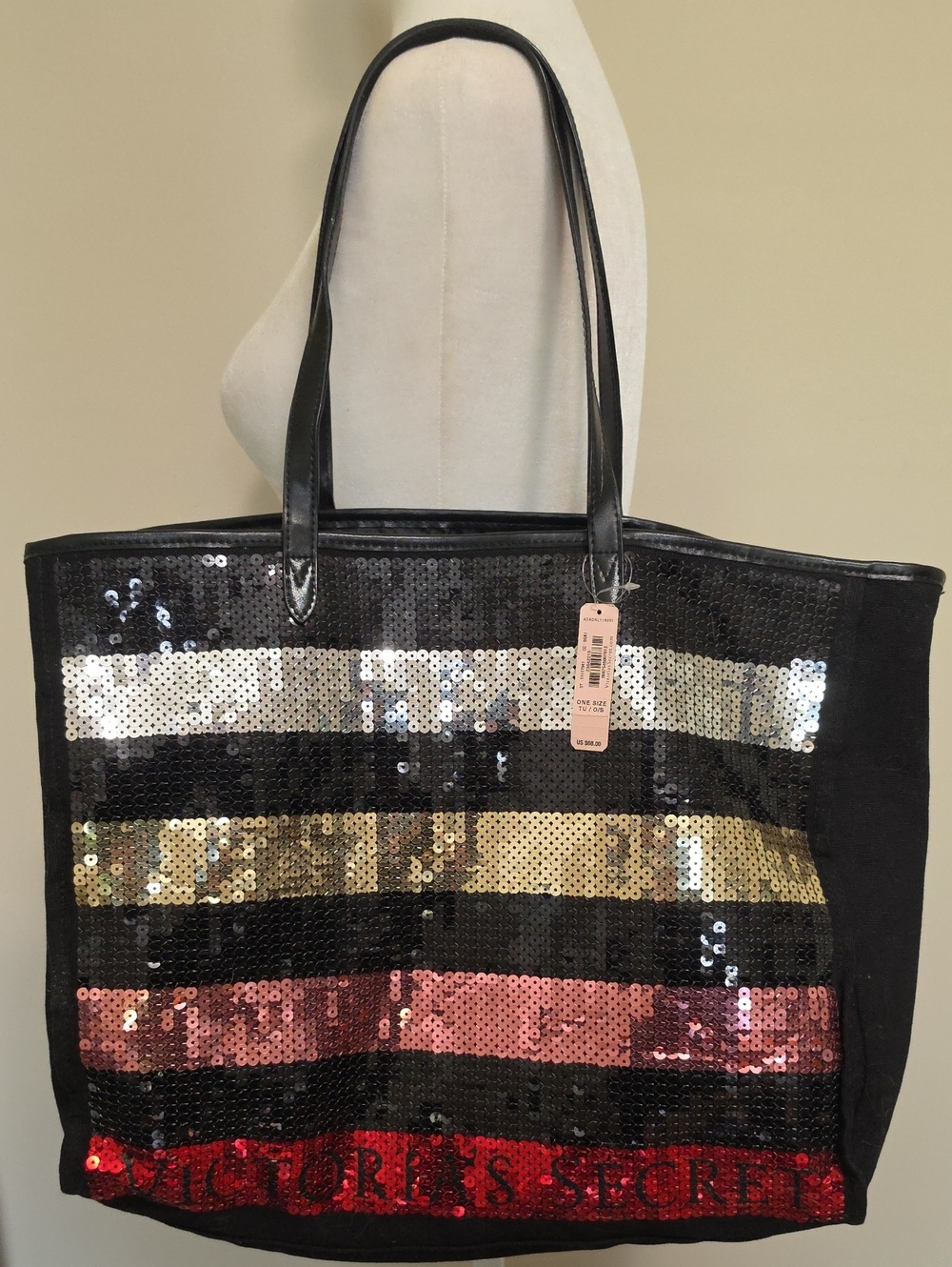 Victoria's Secret Black Sequin Stripe Tote with Gold, Silver, Pink & Red Accents